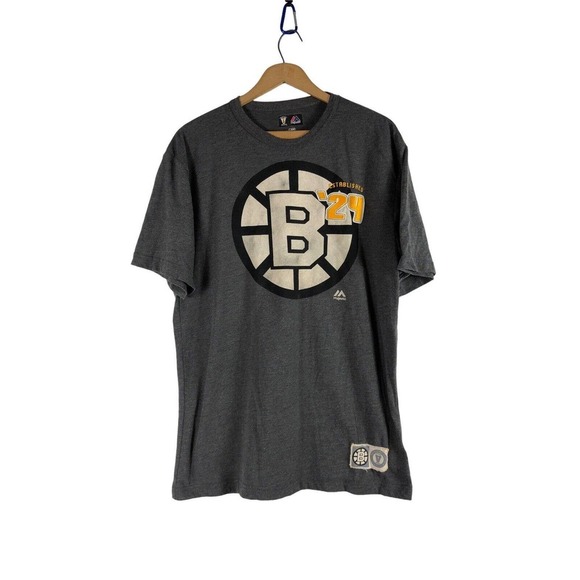 Boston Bruins T Shirt Large Gray Spell Out Logo NHL Mens Short Sleeve Knit - Picture 1 of 4